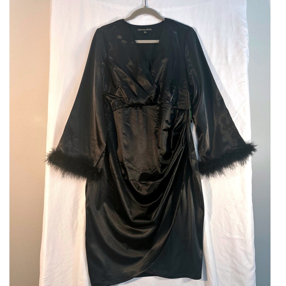 Absolutely Famous Black Satin Faux Feather Trim Wrap Front Cocktail Dress NWT L